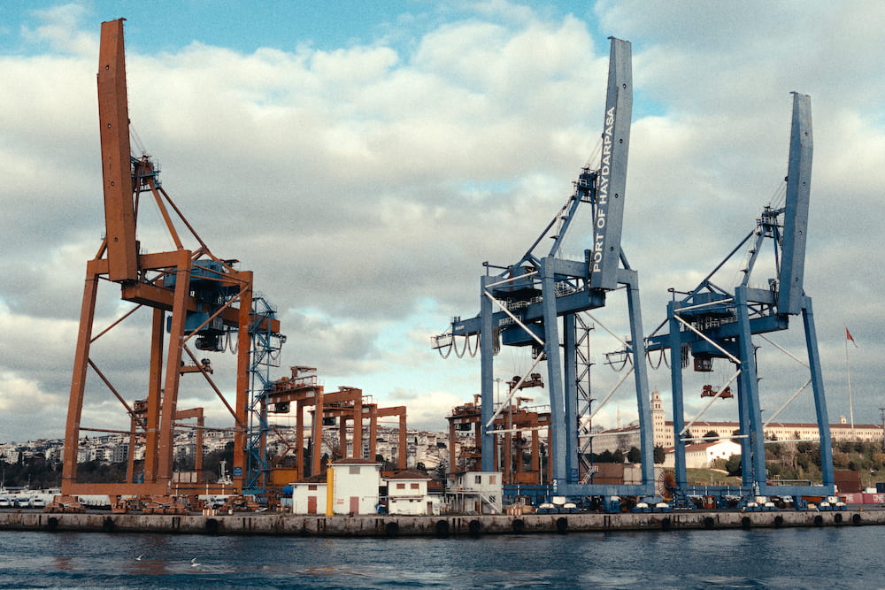Orange and blue cranes at the Port of Haydarpaşa.