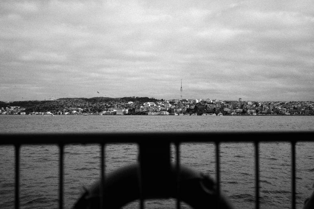 The far shore across the water from a ferry rail, in black and white.