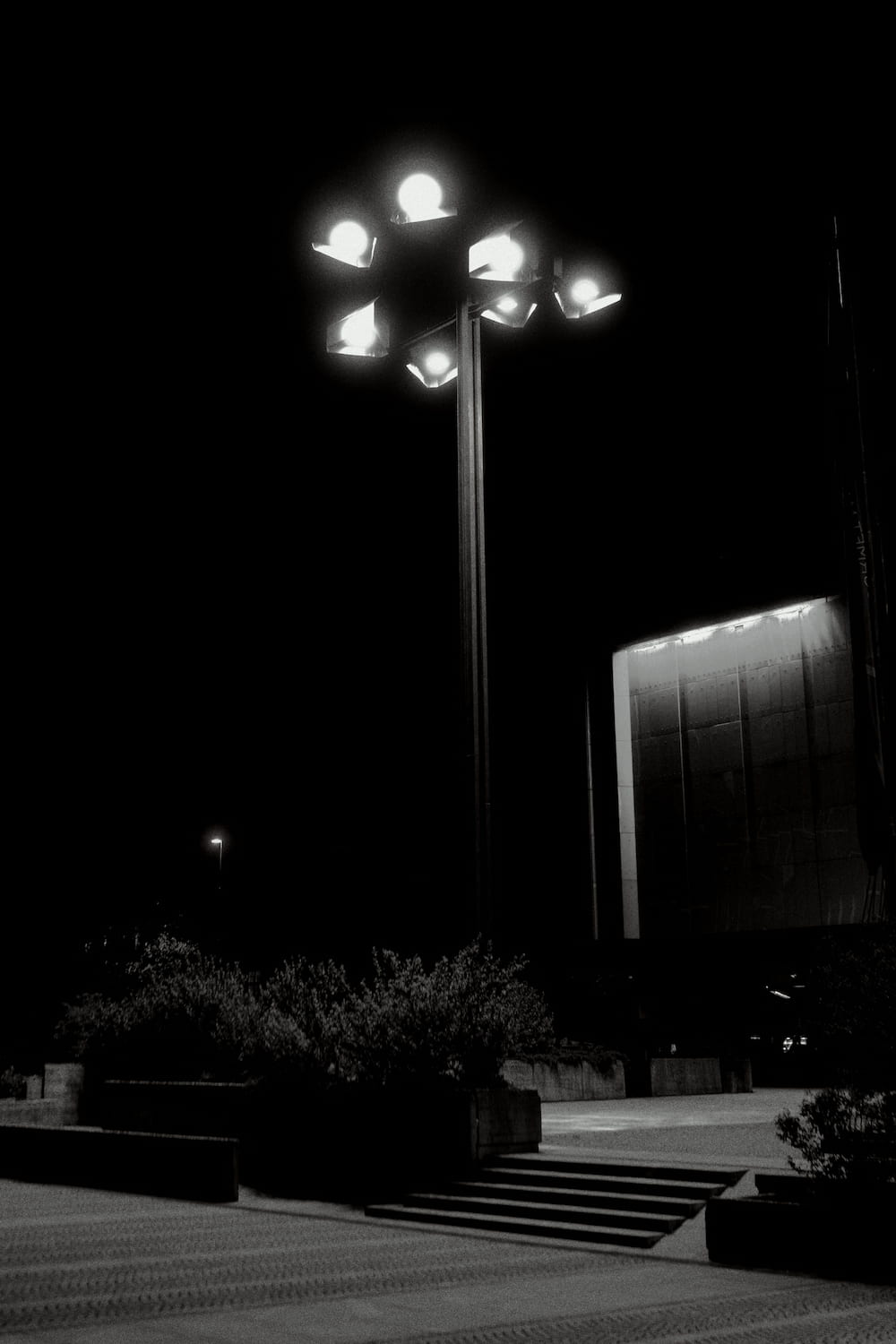 Black and white: a street lamp with a cluster of lights above a lit glass wall and steps