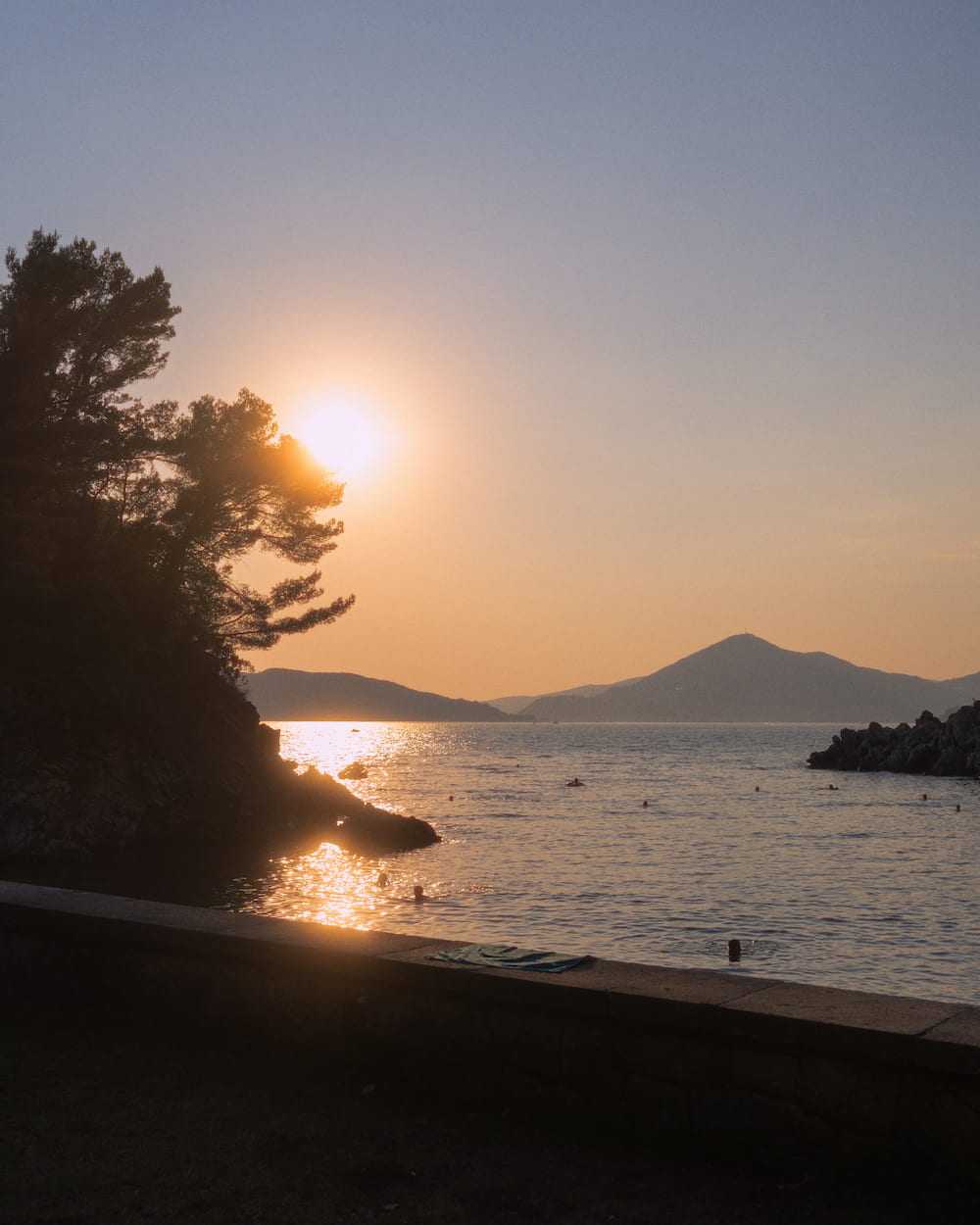 The sun low over the sea between pines and a hill.