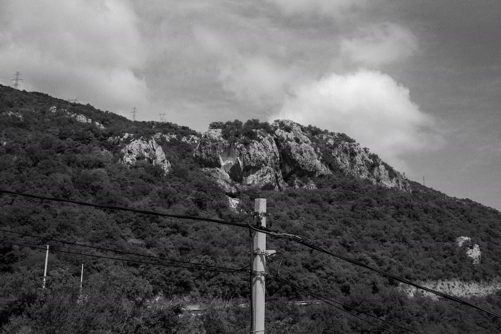 Black and white: a wooded hillside under clouds, a power line in front