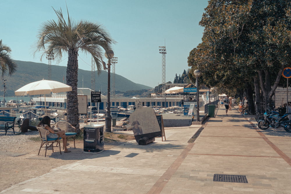 A seafront promenade with palms and parasols
