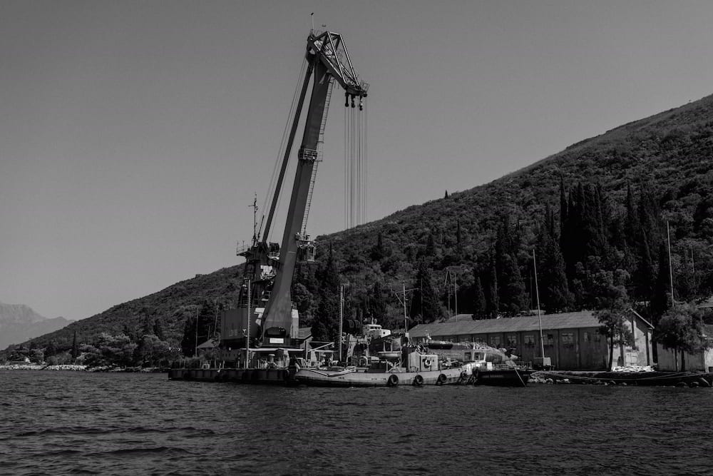 Black and white: a crane on a barge off a wooded shore