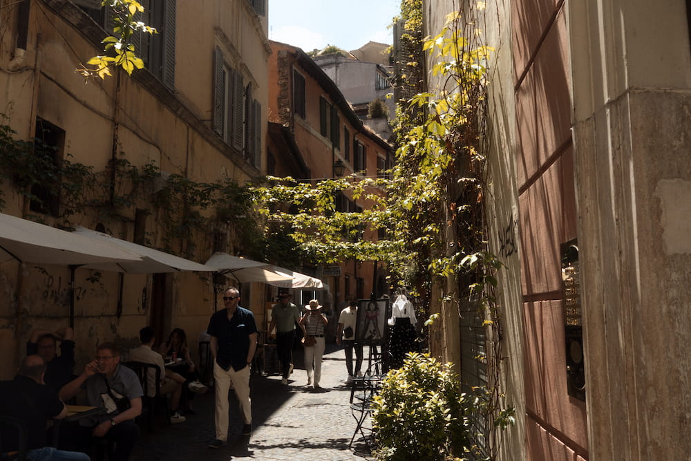 A narrow street with café tables, plants and people.