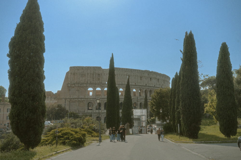 The Colosseum at the end of an avenue of cypresses.